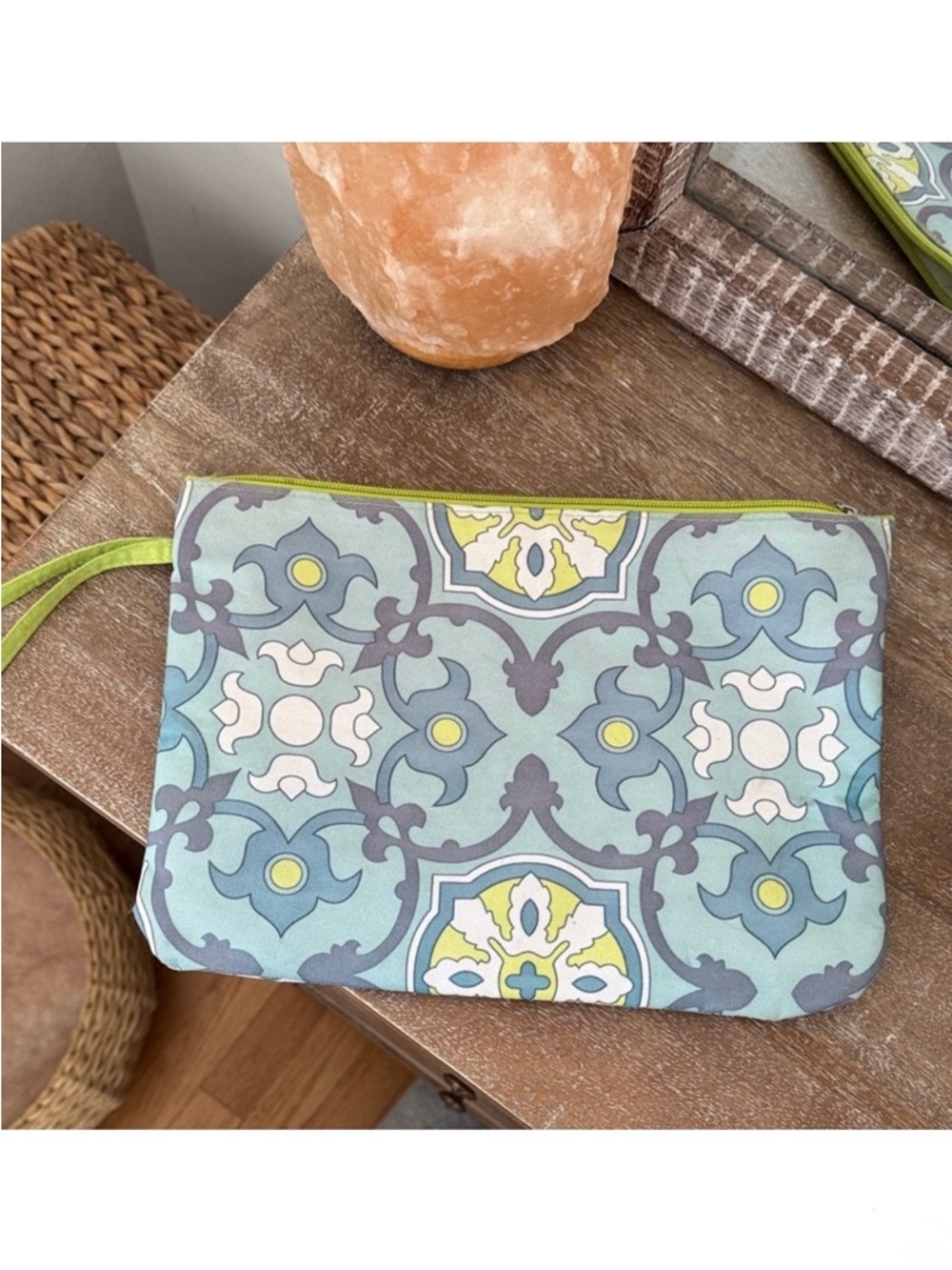 Large zippered wristlet pouch clutch Mediterranean / Moroccan tile print Floral